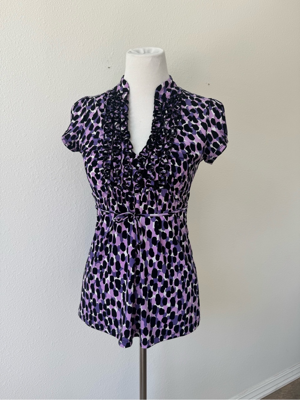 Y2K Purple Leopard Print Ruffle V Neck Tie Blouse